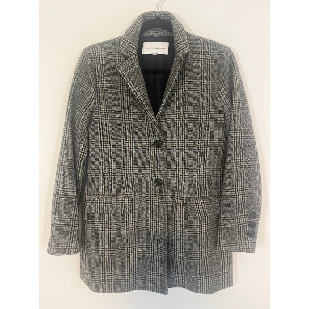 Cupcakes and Cashmere Lille Plaid Boyfriend Blazer Gray Oversized Size XS